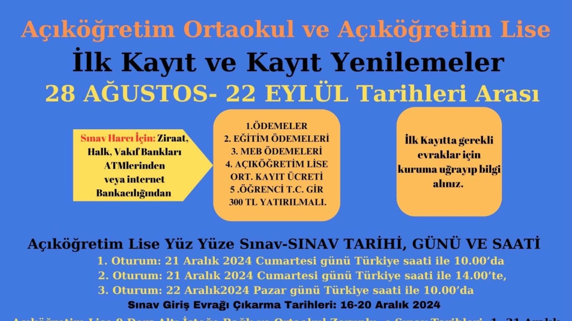 AÇIKÖĞRETİM ORTAOKUL VE AÇIKÖĞRETİM LİSE KAYITLARIMIZ BAŞLAMIŞTIR 